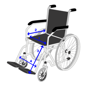 Zeichnung von leerem Rollstuhl mit Anweisungen zum Maßnehmen