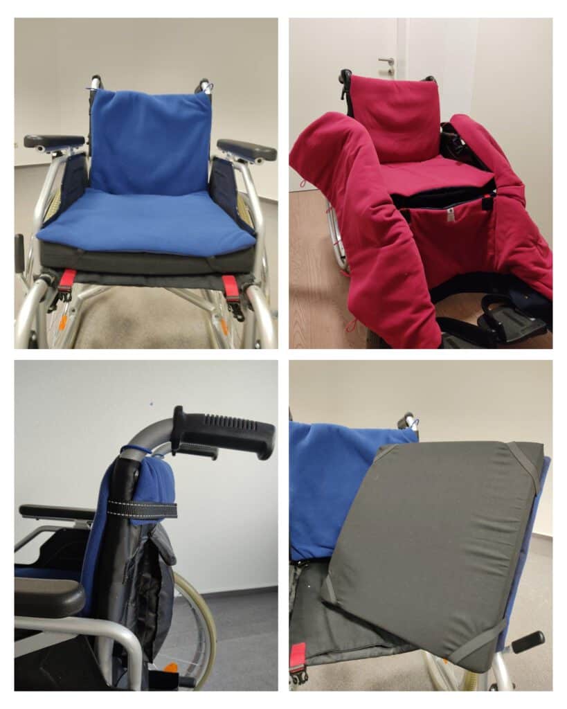 CosySeat Rolling Buttons am Rollstuhl angebracht in blau und pink